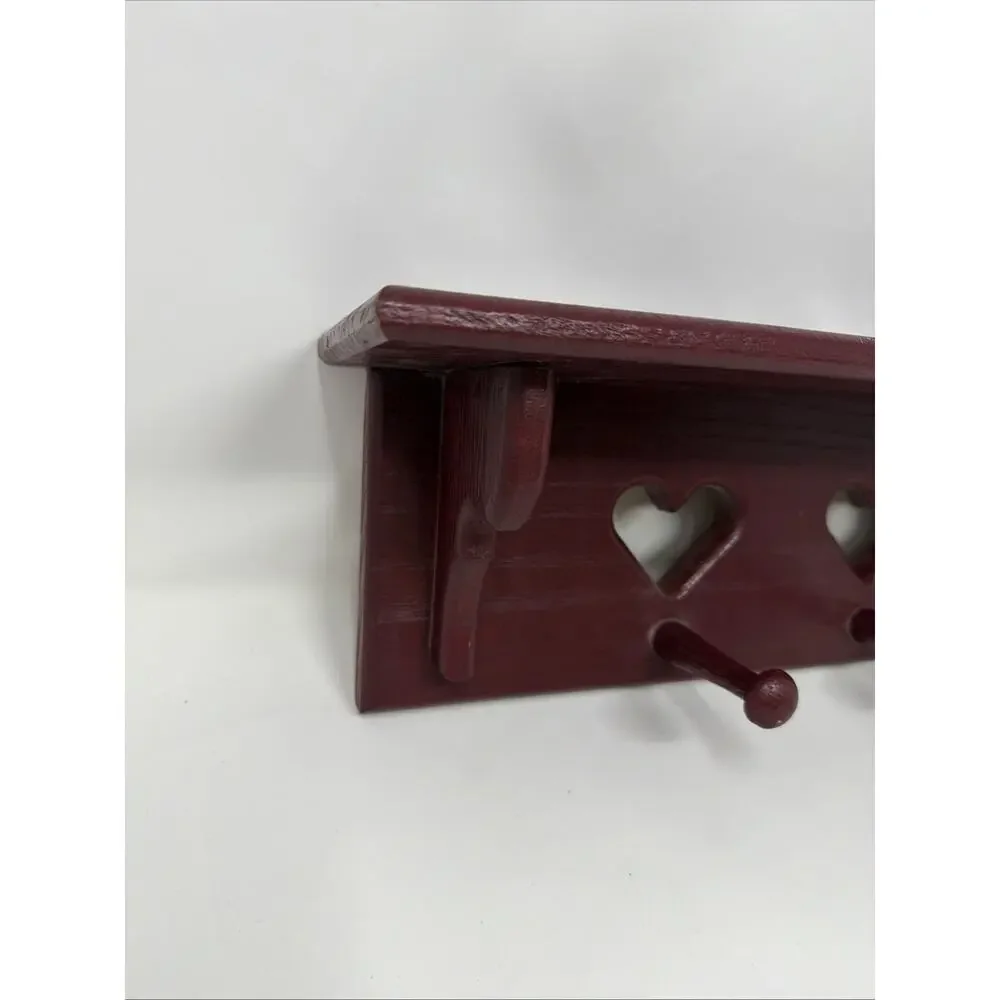 Vintage Plum Solid Wood Heart Cut Out Wall Shelf With 3 Pegs Granny Core 21